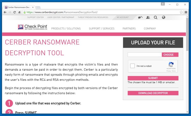cerber ransomware decryptor website