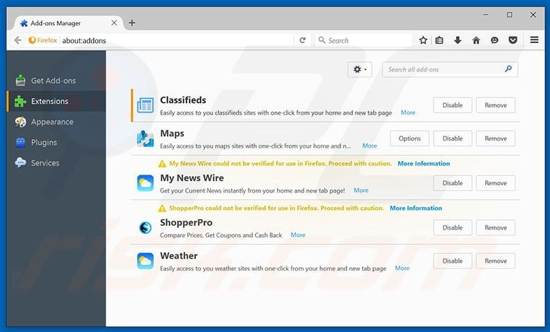 Removing search.classifiedlist.net related Mozilla Firefox extensions