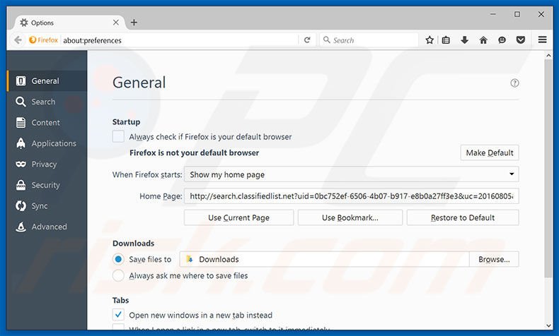 Removing search.classifiedlist.net from Mozilla Firefox homepage