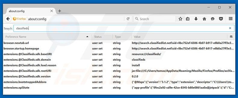 Removing search.classifiedlist.net from Mozilla Firefox default search engine