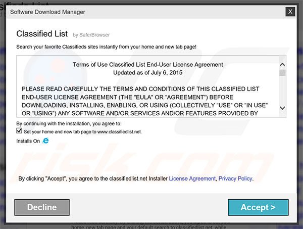 Official Classified List browser hijacker installation setup