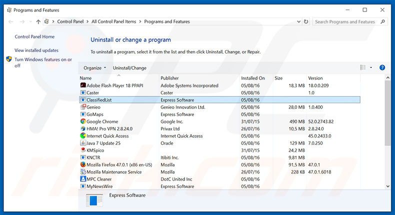 search.classifiedlist.net browser hijacker uninstall via Control Panel