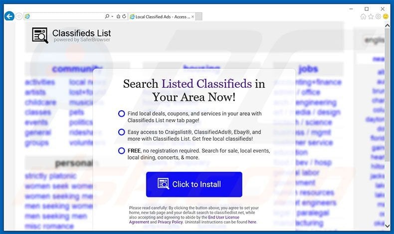 Website used to promote Classified List browser hijacker