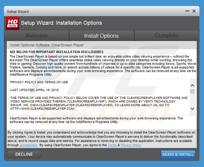 clearscreenplayer adware installer
