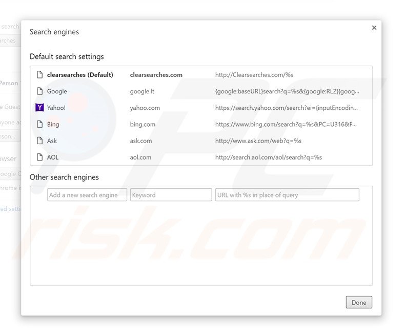 Removing clearsearches.com from Google Chrome default search engine