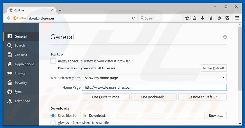 Removing clearsearches.com from Mozilla Firefox homepage
