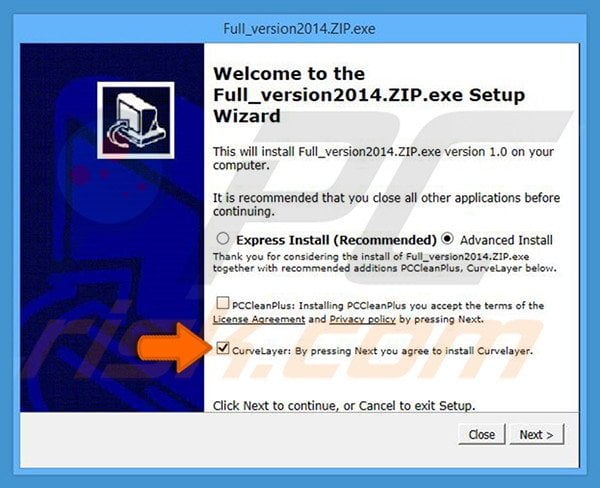 Deceptive installer promoting CurveLayer adware