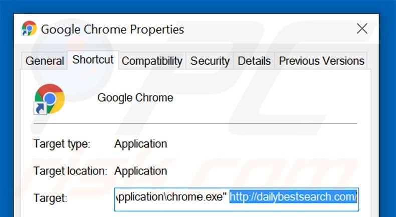 Removing dailybestsearch.com from Google Chrome shortcut target step 2