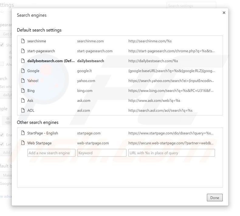 Removing dailybestsearch.com from Google Chrome default search engine