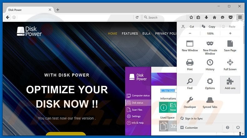 Removing DiskPower ads from Mozilla Firefox step 1