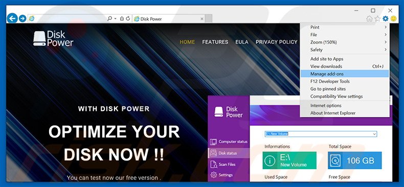 Removing DiskPower ads from Internet Explorer step 1