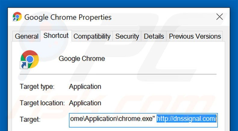 Removing dnssignal.com from Google Chrome shortcut target step 2