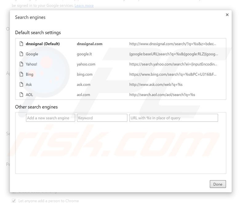 Removing dnssignal.com from Google Chrome default search engine