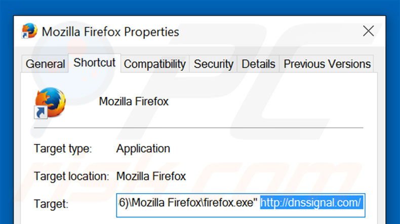 Removing dnssignal.com from Mozilla Firefox shortcut target step 2