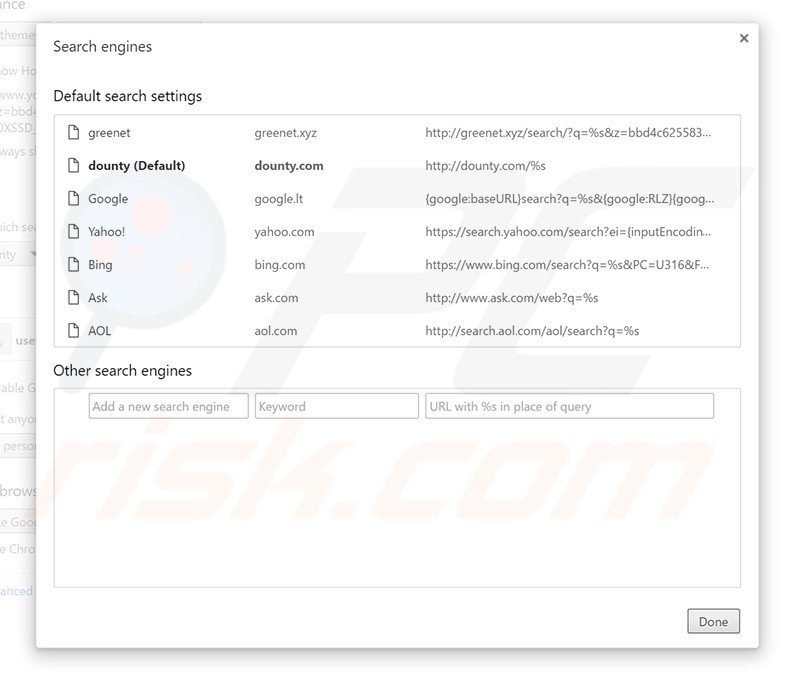 Removing dounty.com from Google Chrome default search engine