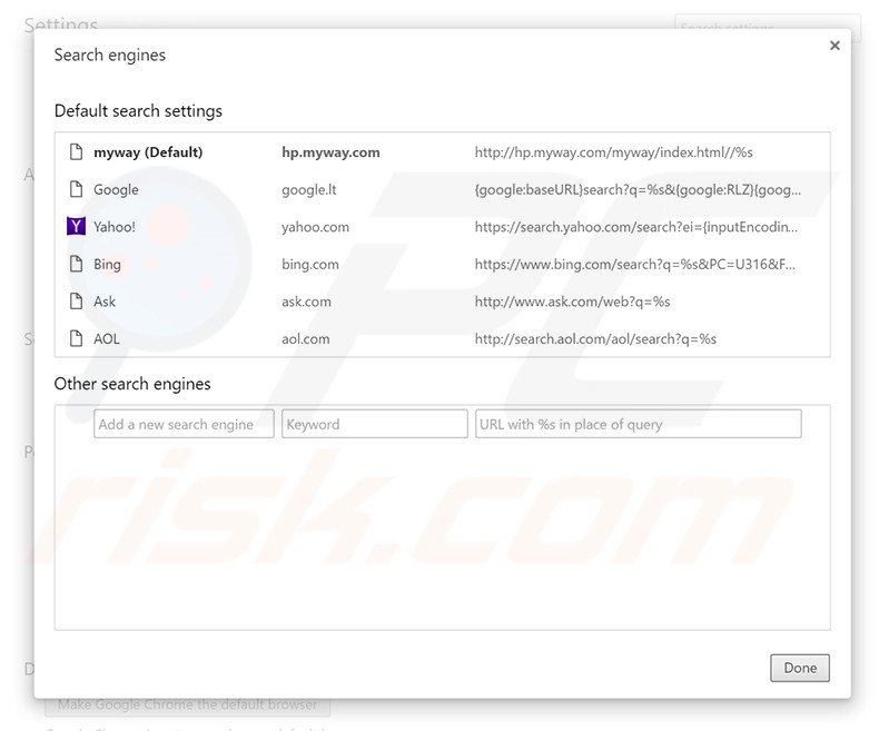 Removing hp.myway.com from Google Chrome default search engine