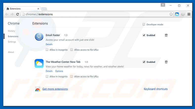 Removing search.emailfaster.co related Google Chrome extensions