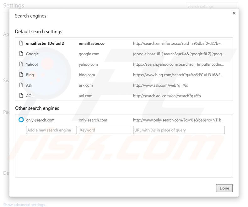 Removing search.emailfaster.co from Google Chrome default search engine