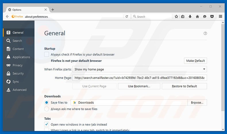 Removing search.emailfaster.co from Mozilla Firefox homepage