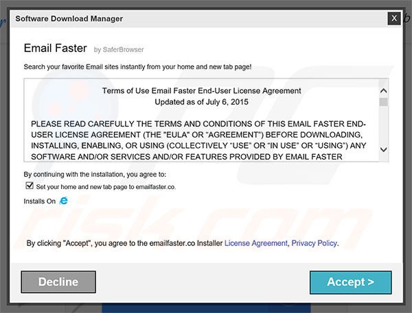 Official Email Faster browser hijacker installation setup