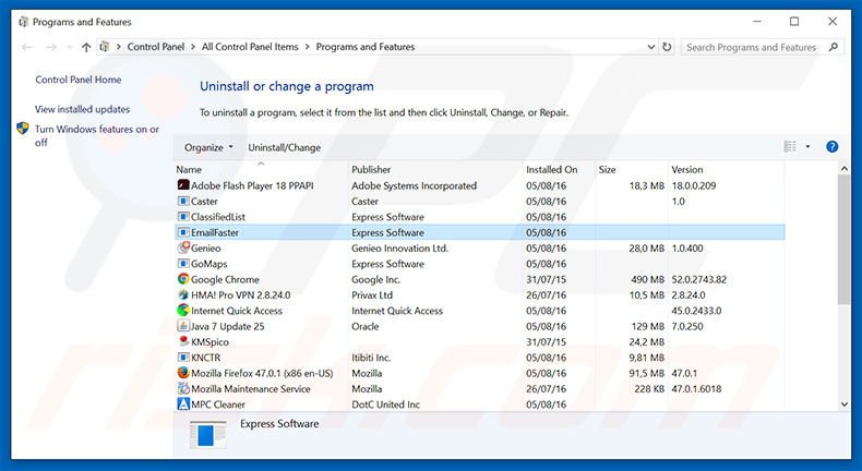 search.emailfaster.co browser hijacker uninstall via Control Panel