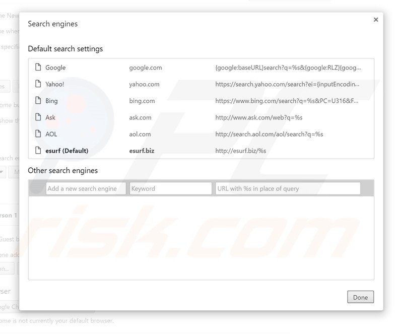 Removing esurf.biz from Google Chrome default search engine