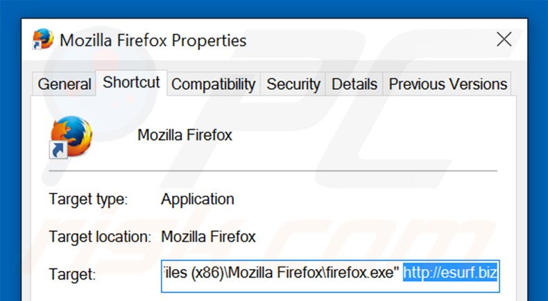 Removing esurf.biz from Mozilla Firefox shortcut target step 2