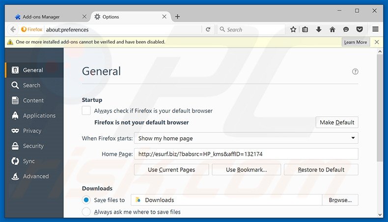 Removing esurf.biz from Mozilla Firefox homepage