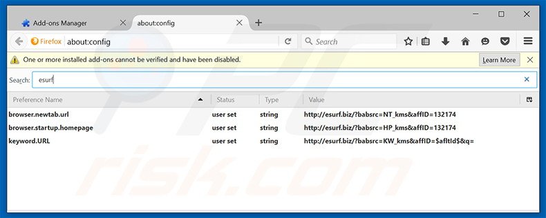 Removing esurf.biz from Mozilla Firefox default search engine