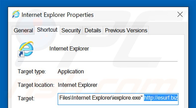 Removing esurf.biz from Internet Explorer shortcut target step 2