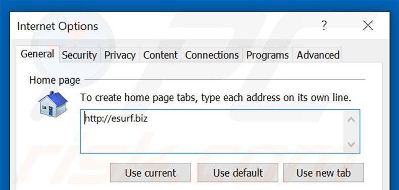 Removing esurf.biz from Internet Explorer homepage