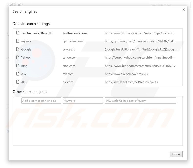 Removing fasttoaccess.com from Google Chrome default search engine