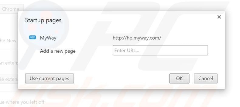 Removing hp.myway.com from Google Chrome homepage