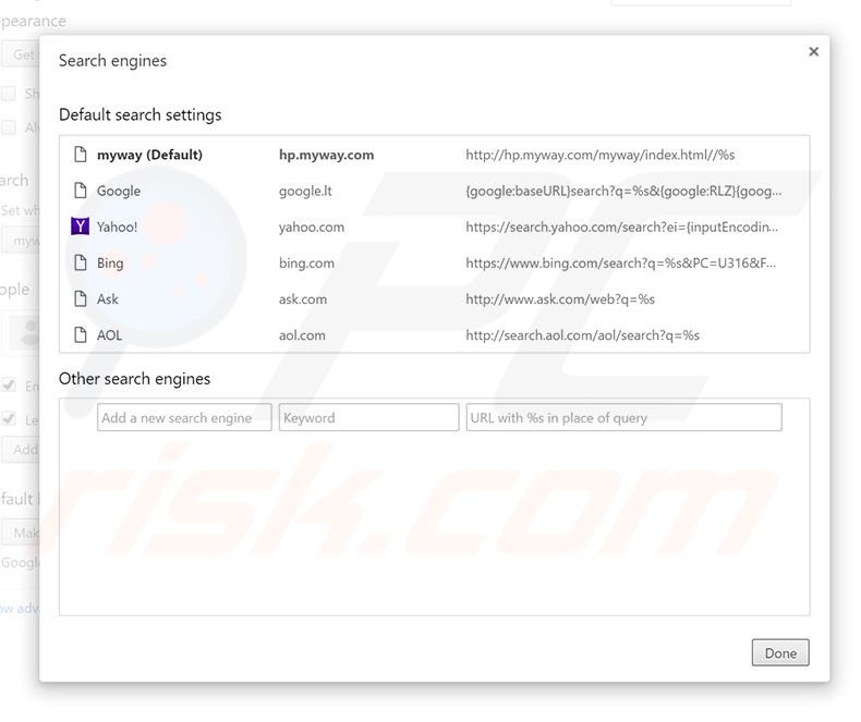 Removing hp.myway.com from Google Chrome default search engine