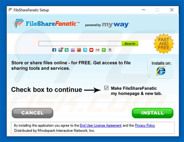 Official FileShareFanatic browser hijacker installation setup