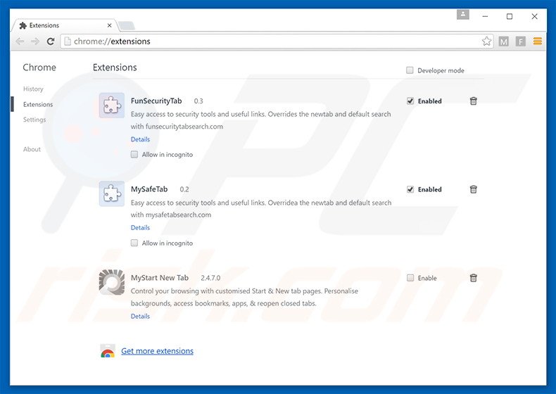 Removing search.funsecuritytabsearch.com related Google Chrome extensions