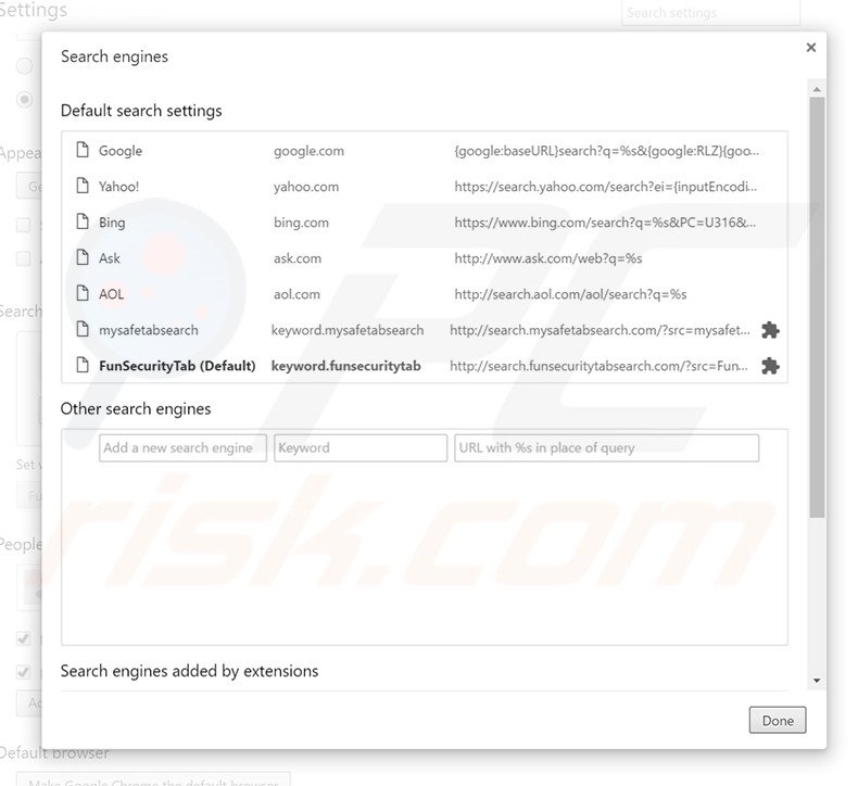 Removing search.funsecuritytabsearch.com from Google Chrome default search engine