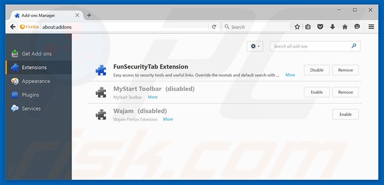 Removing search.funsecuritytabsearch.com related Mozilla Firefox extensions