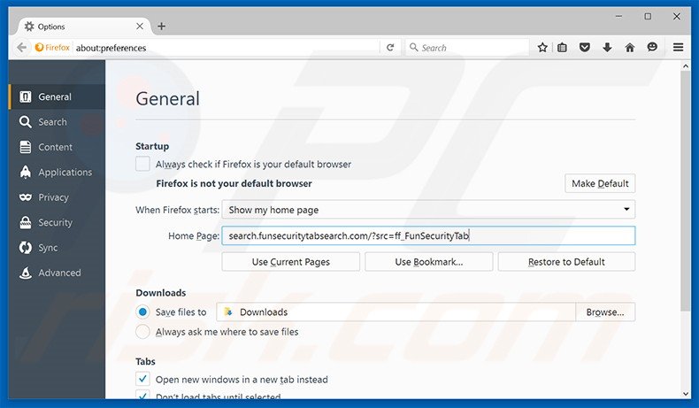 Removing search.funsecuritytabsearch.com from Mozilla Firefox homepage