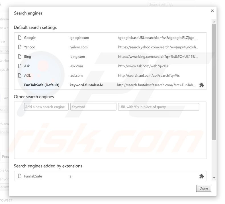 Removing search.funtabsafesearch.com from Google Chrome default search engine