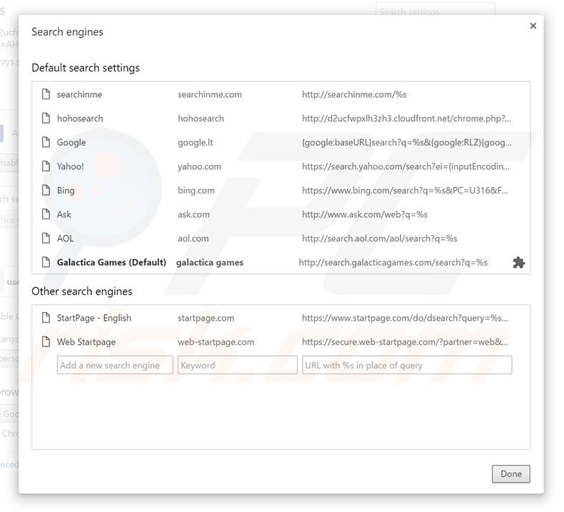 Removing home.galacticagames.com from Google Chrome default search engine