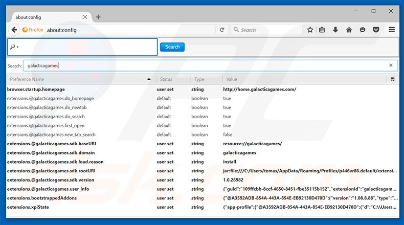 Removing home.galacticagames.com from Mozilla Firefox default search engine