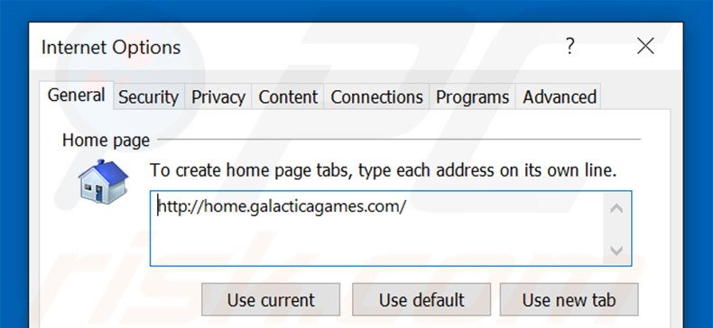 Removing home.galacticagames.com from Internet Explorer homepage