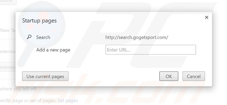 Removing search.gogetsport.com from Google Chrome homepage
