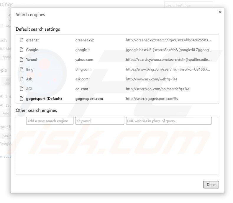 Removing search.gogetsport.com from Google Chrome default search engine