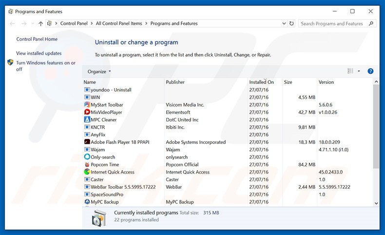 search.gogetsport.com browser hijacker uninstall via Control Panel