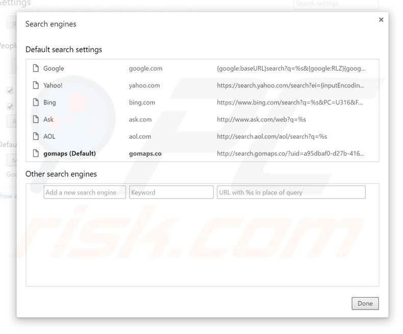 Removing search.gomaps.co from Google Chrome default search engine