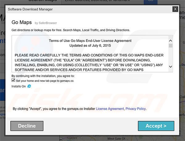 Official Go Maps browser hijacker installation setup