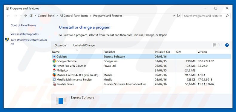 search.gomaps.co browser hijacker uninstall via Control Panel