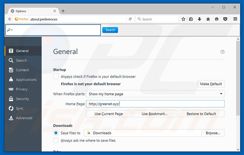 Removing greenet.xyz from Mozilla Firefox homepage